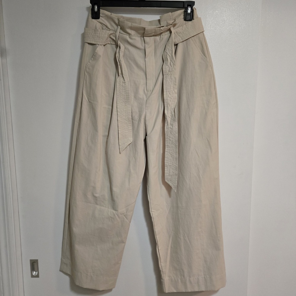 DKNY Jeans Sz L Beige Paperbag-Waist Belted Crop Wide Leg Dress‎ Pants 30x25 NEW